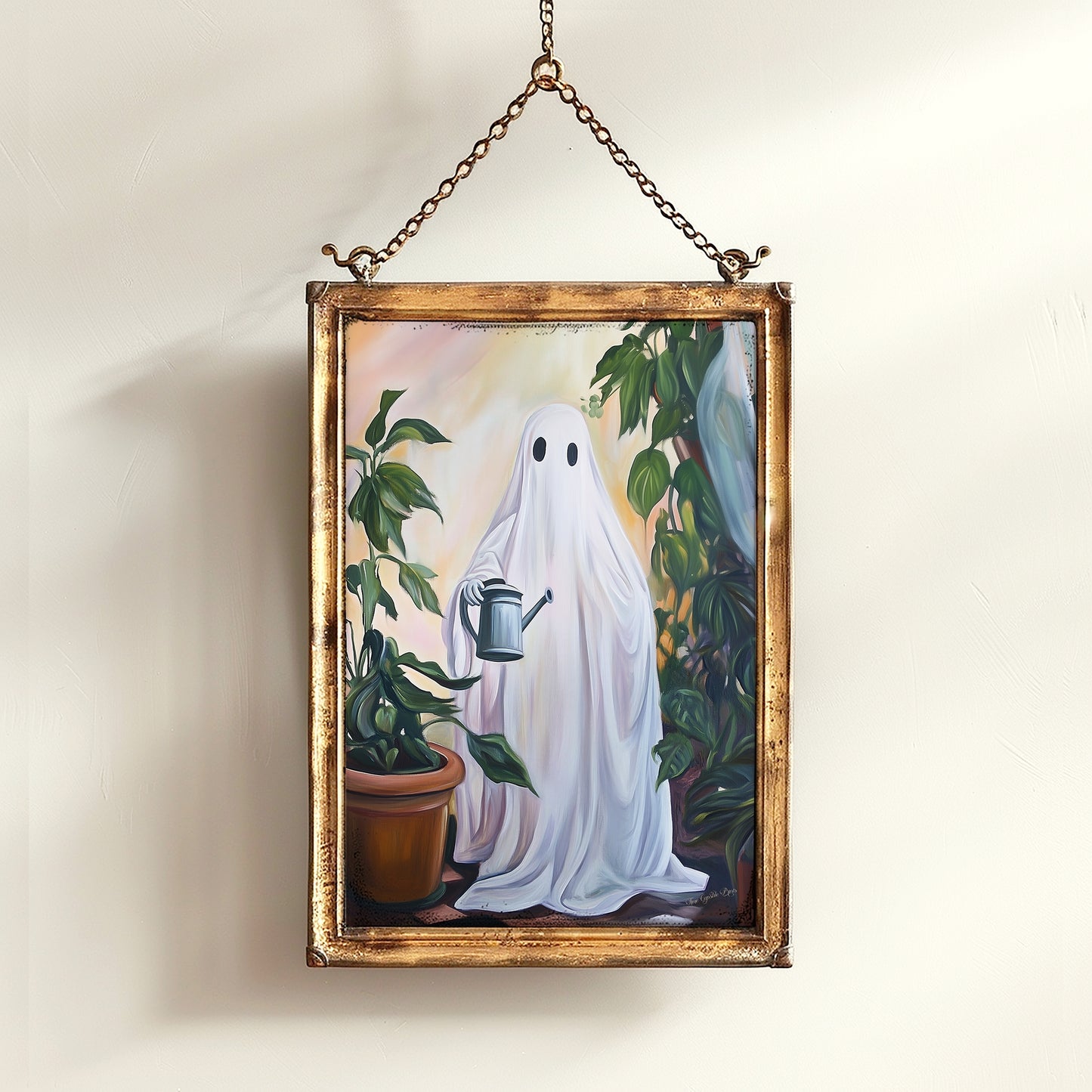 Retro Houseplant Lover Ghost Painting, Spooky Art Print, Dark Academia, Plant Enthusiat Present, Weird Art Decor Gifts