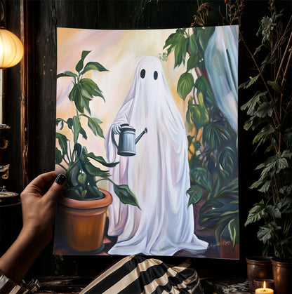 Retro Houseplant Lover Ghost Painting, Spooky Art Print, Dark Academia, Plant Enthusiat Present, Weird Art Decor Gifts