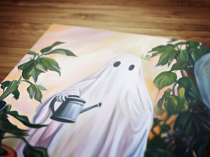 Retro Houseplant Lover Ghost Painting, Spooky Art Print, Dark Academia, Plant Enthusiat Present, Weird Art Decor Gifts