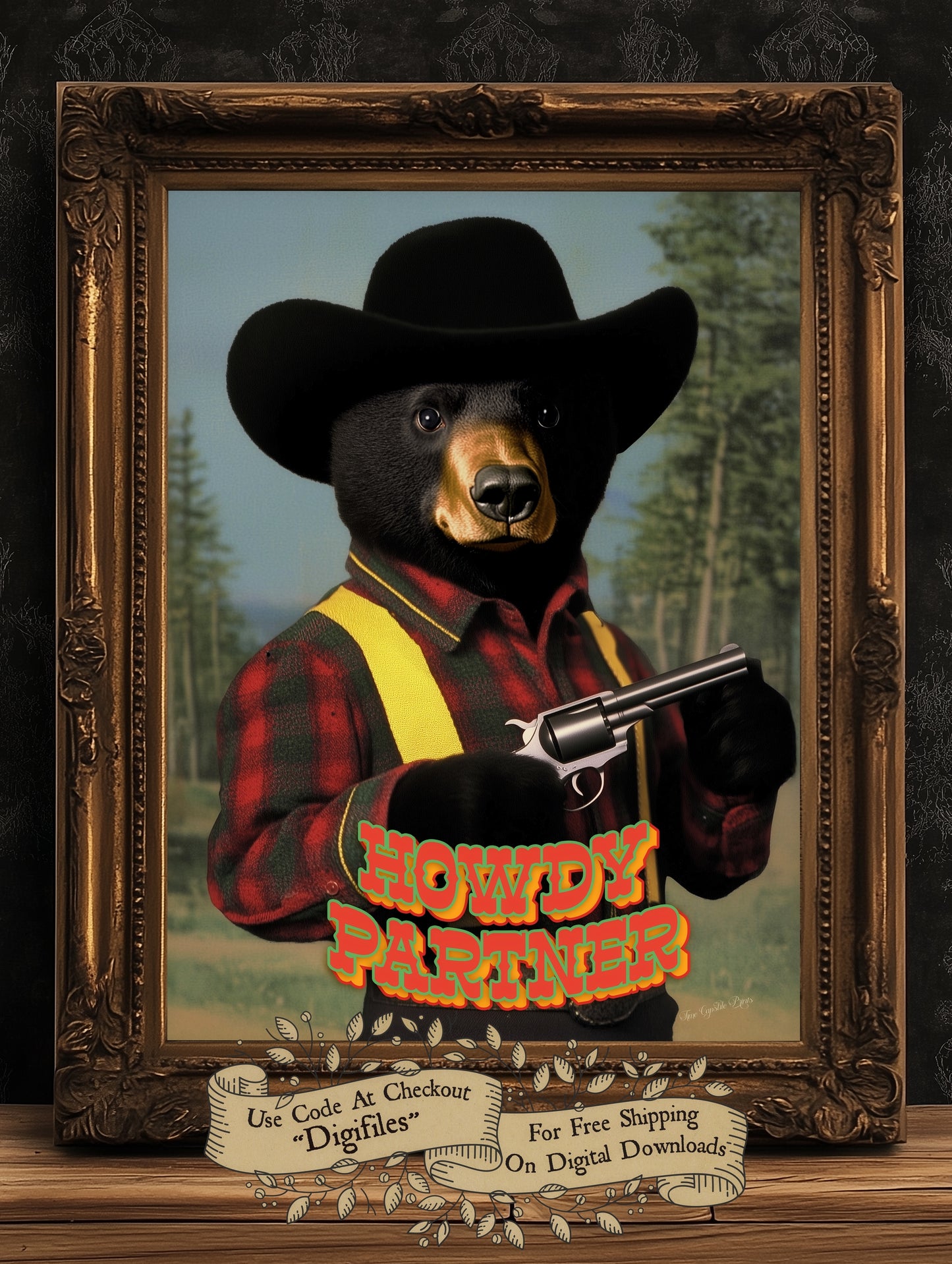 Cowboy Bear Wall Art, Funny Western Animal Print, Howdy Partner Western Wall Art Poster, Whimsical Cowboy Decor, Retro Wild West Aesthetic