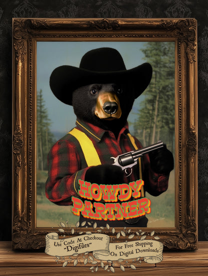 Cowboy Bear Wall Art, Funny Western Animal Print, Howdy Partner Western Wall Art Poster, Whimsical Cowboy Decor, Retro Wild West Aesthetic