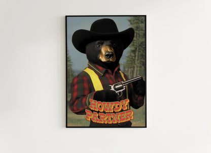Cowboy Bear Wall Art, Funny Western Animal Print, Howdy Partner Western Wall Art Poster, Whimsical Cowboy Decor, Retro Wild West Aesthetic