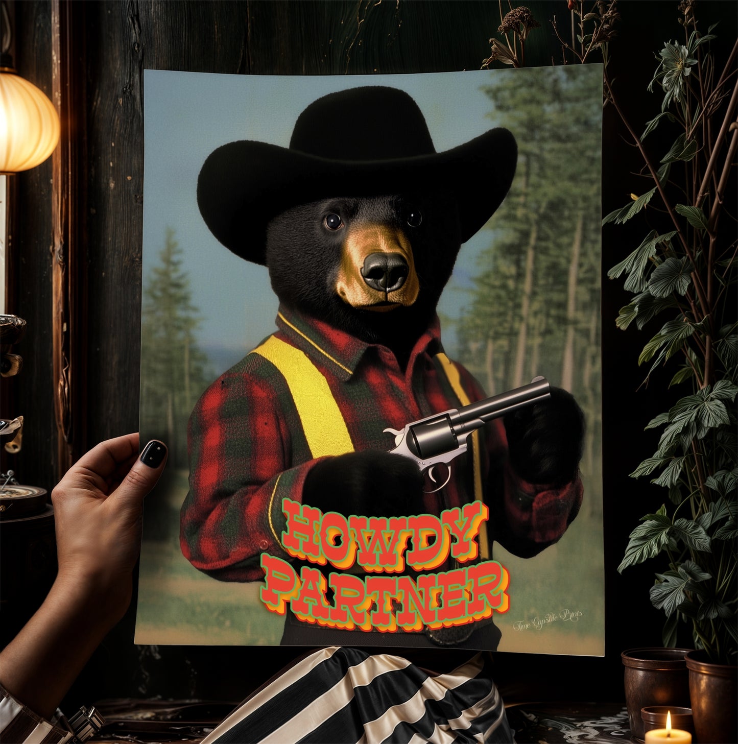 Cowboy Bear Wall Art, Funny Western Animal Print, Howdy Partner Western Wall Art Poster, Whimsical Cowboy Decor, Retro Wild West Aesthetic