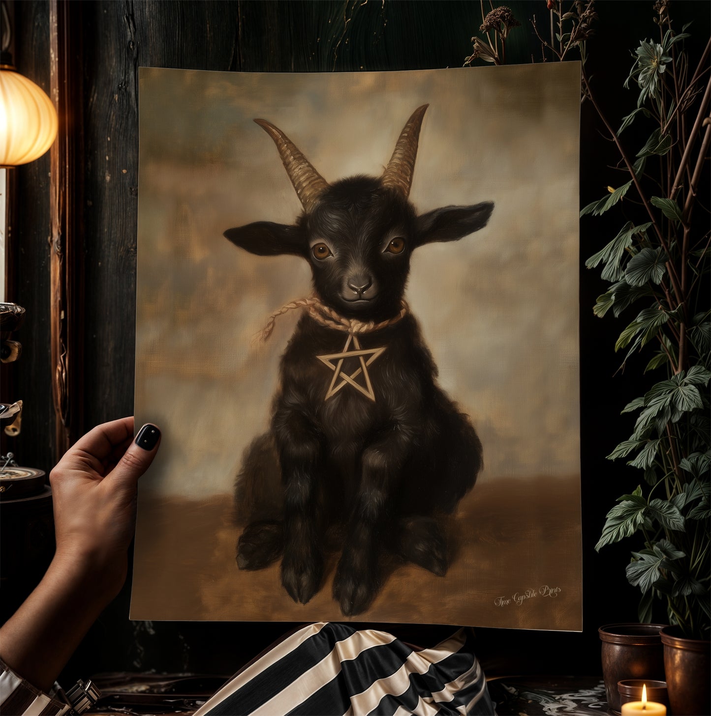Gothic Baby Black Phillip Wall Art, Satanic Baphomet Poster, Witchcraft Aesthetic Painting, Dark Horror Witchy Home Decor, Chibi Goat Print