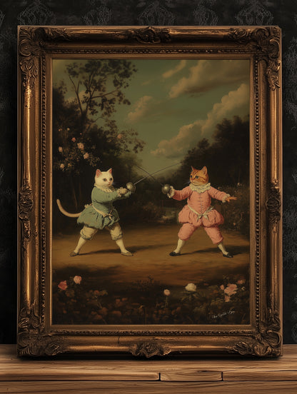 Cat Fencing Club Painting, The purrfect Duel Riposte, Funny Fencing Cat Wall Art Poster, Funny Present For Fencing Lover, Fencing Coach Gift