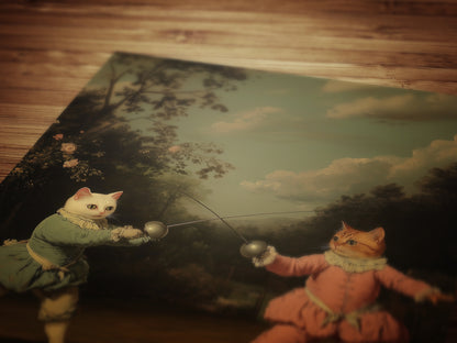 Cat Fencing Club Painting, The purrfect Duel Riposte, Funny Fencing Cat Wall Art Poster, Funny Present For Fencing Lover, Fencing Coach Gift