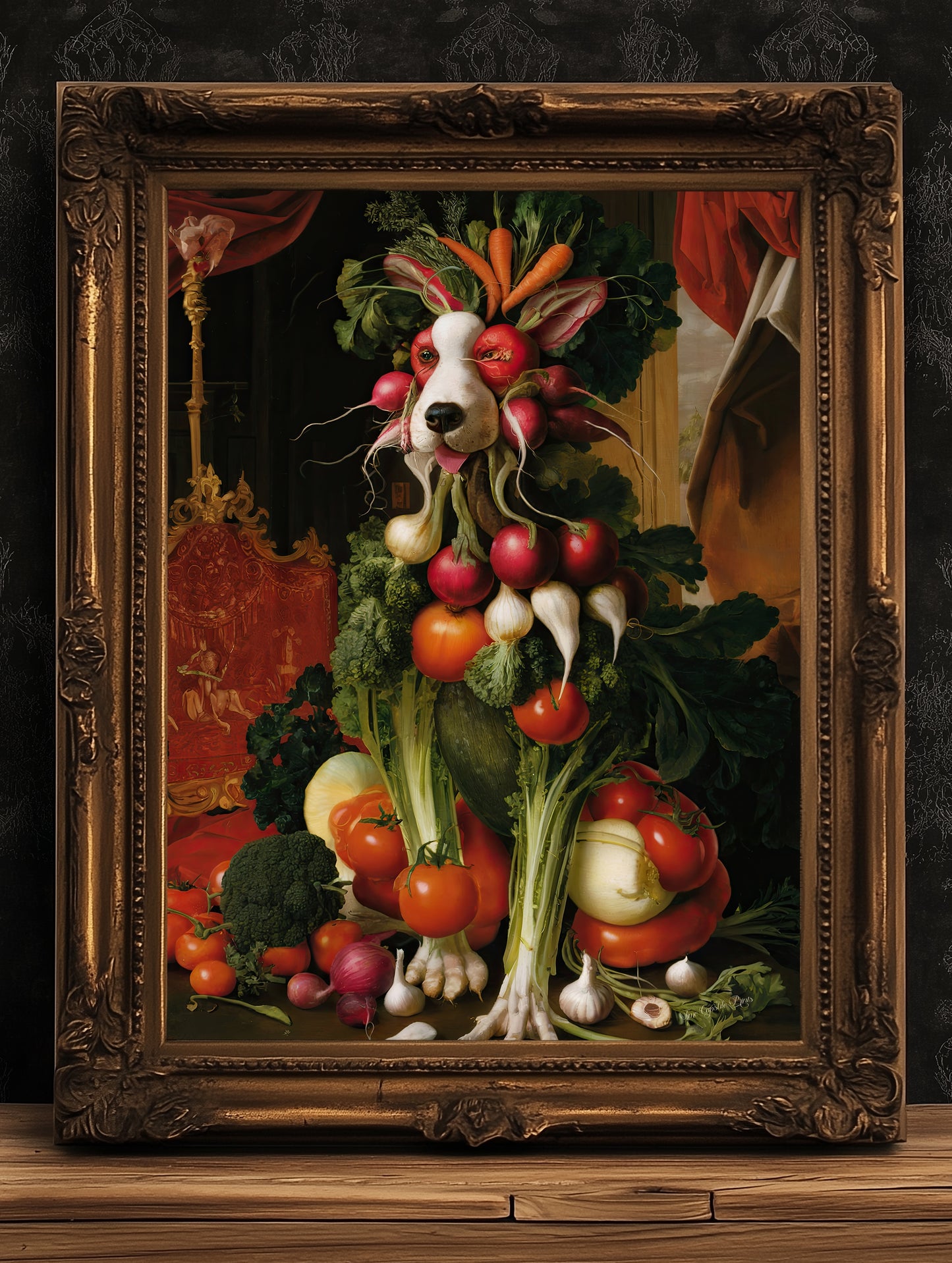 Fruit Bowldog Poster, Antique Vegetable Dog Art Print, Renaissance Food Portrait, Surreal Animal Painting, Weirdcore Kitchen, Food Decor