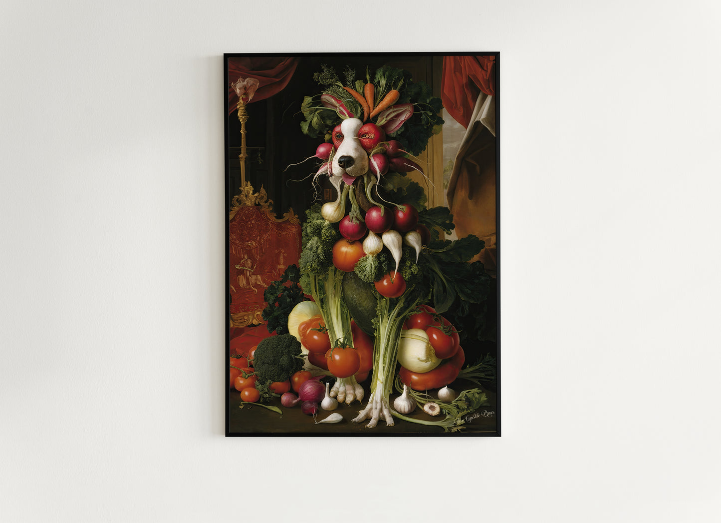 Fruit Bowldog Poster, Antique Vegetable Dog Art Print, Renaissance Food Portrait, Surreal Animal Painting, Weirdcore Kitchen, Food Decor