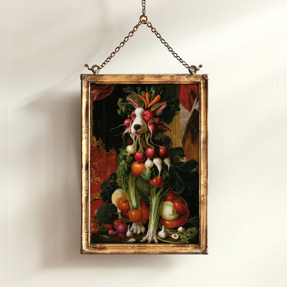 Fruit Bowldog Poster, Antique Vegetable Dog Art Print, Renaissance Food Portrait, Surreal Animal Painting, Weirdcore Kitchen, Food Decor