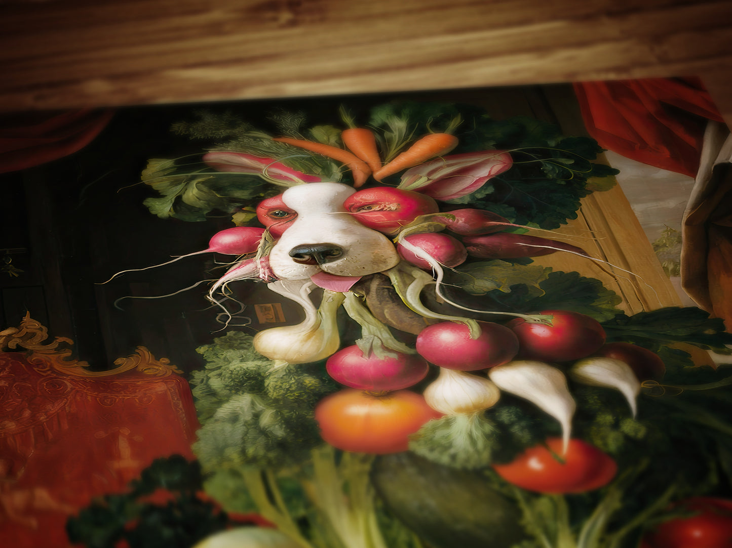 Fruit Bowldog Poster, Antique Vegetable Dog Art Print, Renaissance Food Portrait, Surreal Animal Painting, Weirdcore Kitchen, Food Decor