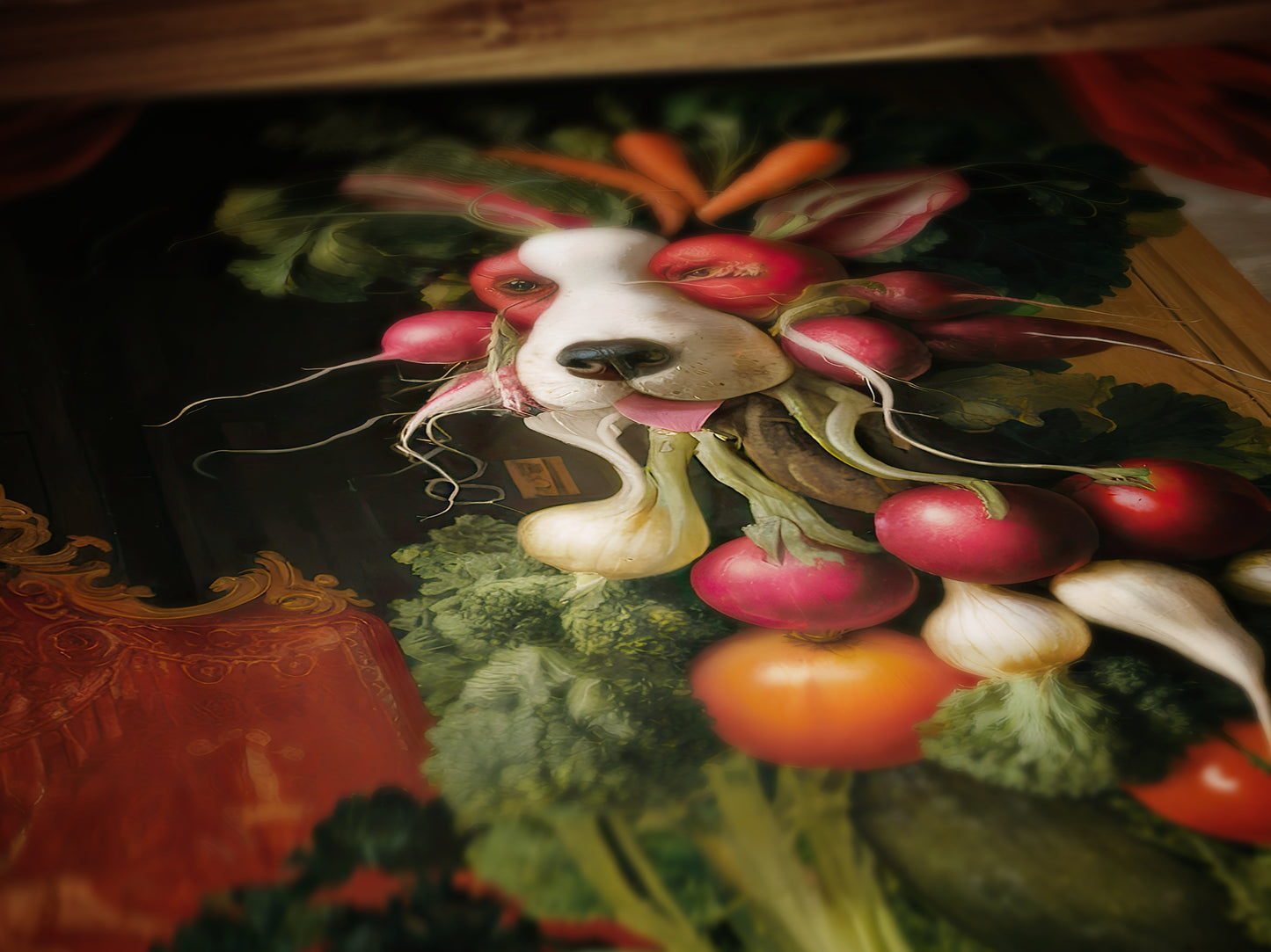 Fruit Bowldog Poster, Antique Vegetable Dog Art Print, Renaissance Food Portrait, Surreal Animal Painting, Weirdcore Kitchen, Food Decor