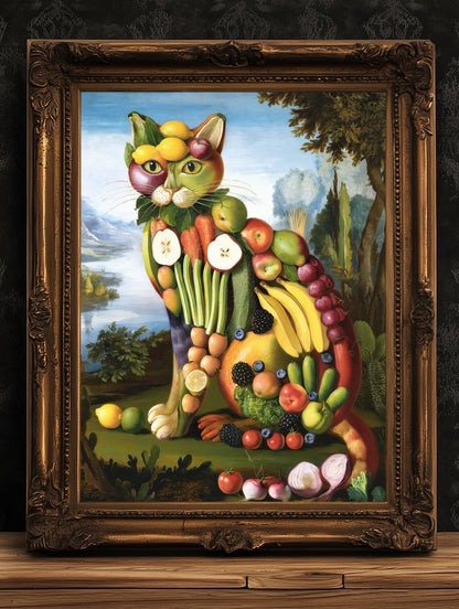 Fruity Cat, Antique Vegetable Cat Painting, Renaissance Food Portrait, Surreal Still Life Animal Art Print, Weirdcore Kitchen, Food Decor
