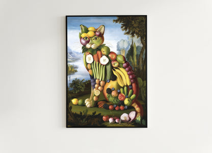 Fruity Cat, Antique Vegetable Cat Painting, Renaissance Food Portrait, Surreal Still Life Animal Art Print, Weirdcore Kitchen, Food Decor