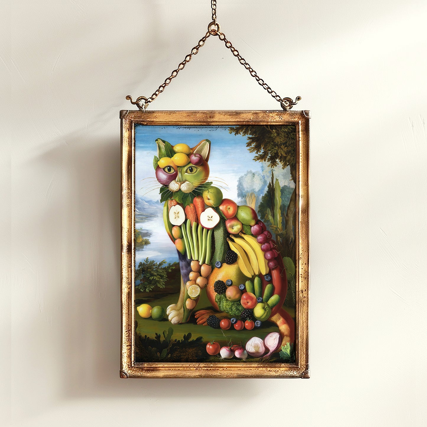 Fruity Cat, Antique Vegetable Cat Painting, Renaissance Food Portrait, Surreal Still Life Animal Art Print, Weirdcore Kitchen, Food Decor