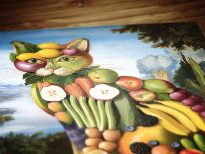 Fruity Cat, Antique Vegetable Cat Painting, Renaissance Food Portrait, Surreal Still Life Animal Art Print, Weirdcore Kitchen, Food Decor