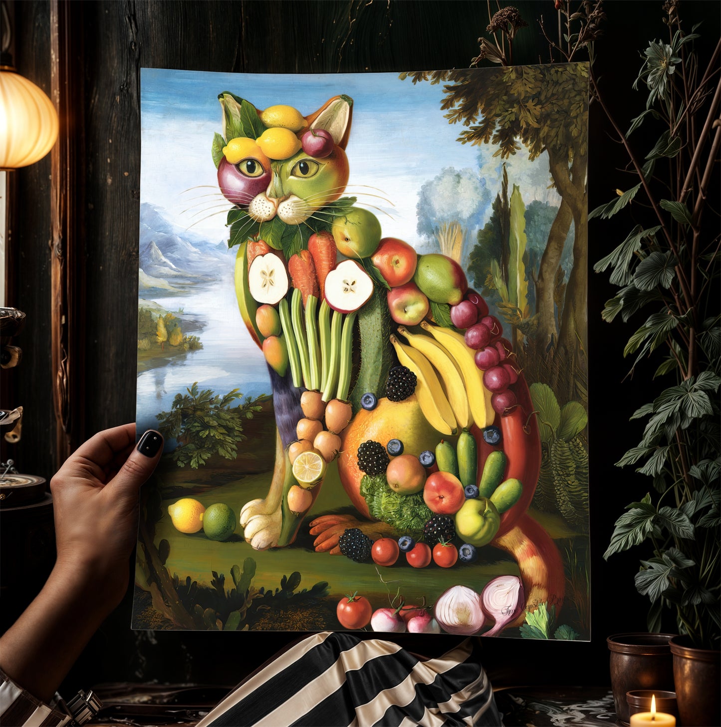 Fruity Cat, Antique Vegetable Cat Painting, Renaissance Food Portrait, Surreal Still Life Animal Art Print, Weirdcore Kitchen, Food Decor