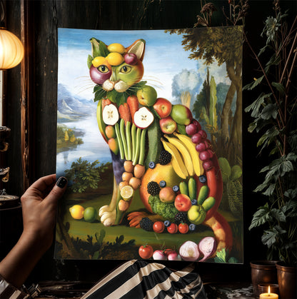 Fruity Cat, Antique Vegetable Cat Painting, Renaissance Food Portrait, Surreal Still Life Animal Art Print, Weirdcore Kitchen, Food Decor