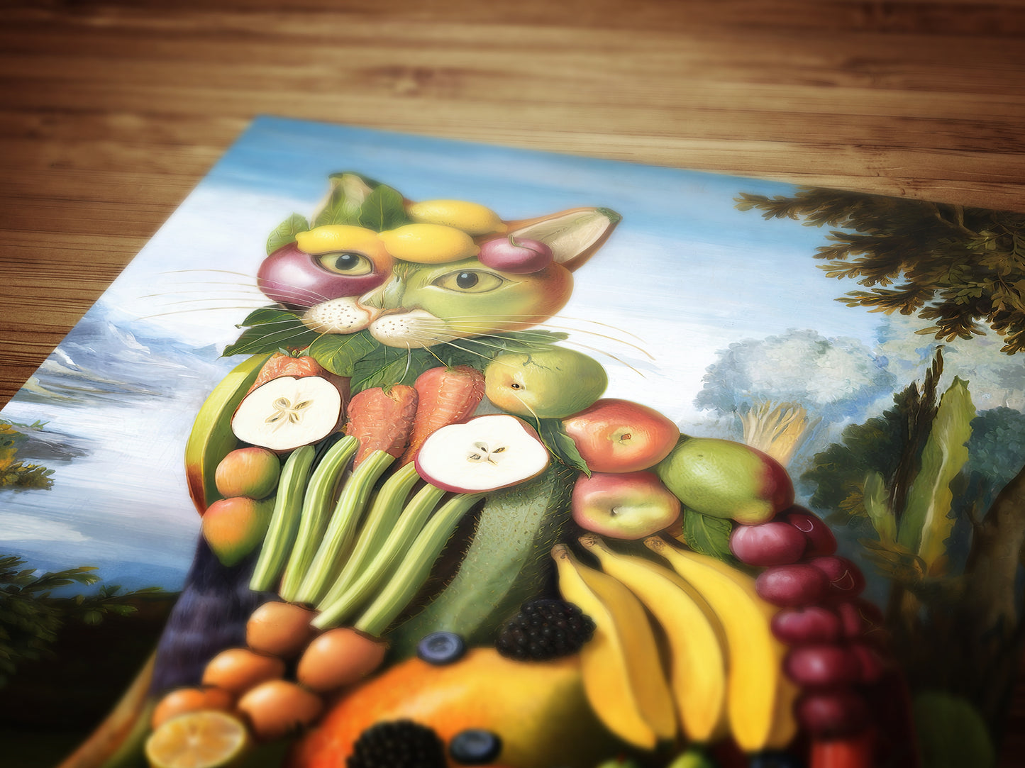 Fruity Cat, Antique Vegetable Cat Painting, Renaissance Food Portrait, Surreal Still Life Animal Art Print, Weirdcore Kitchen, Food Decor