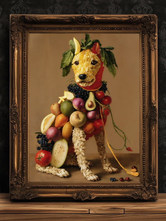 Fruity Puppy Poster, Antique Vegetable Dog Art Print, Renaissance Food Portrait, Surreal Animal Painting, Weirdcore Kitchen Poster Decor