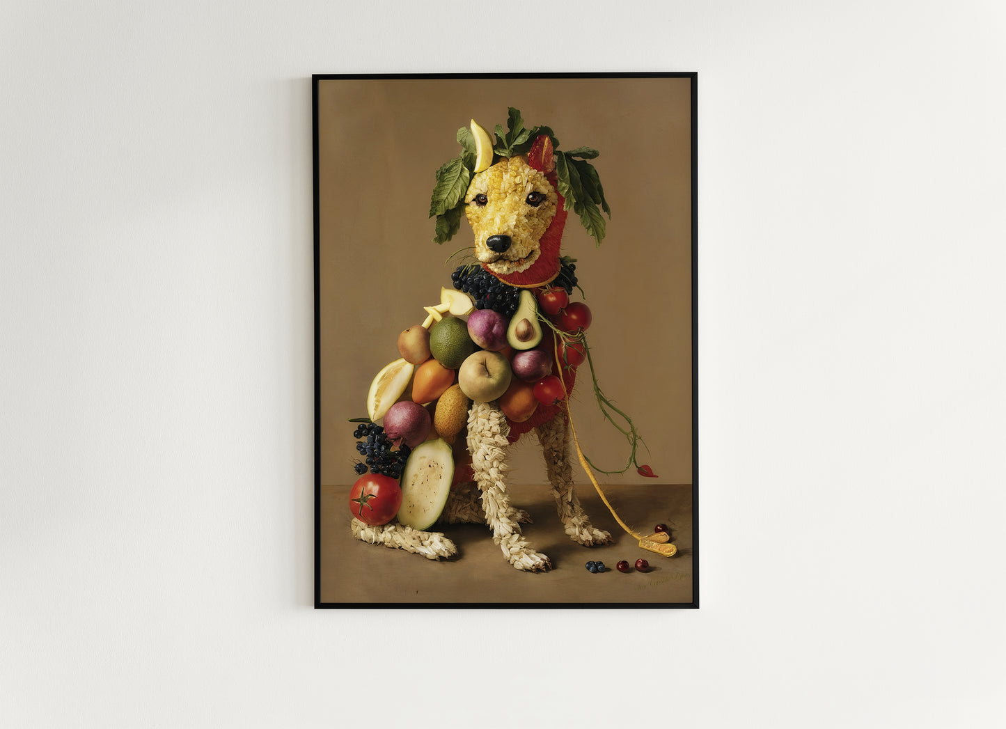Fruity Puppy Poster, Antique Vegetable Dog Art Print, Renaissance Food Portrait, Surreal Animal Painting, Weirdcore Kitchen Poster Decor