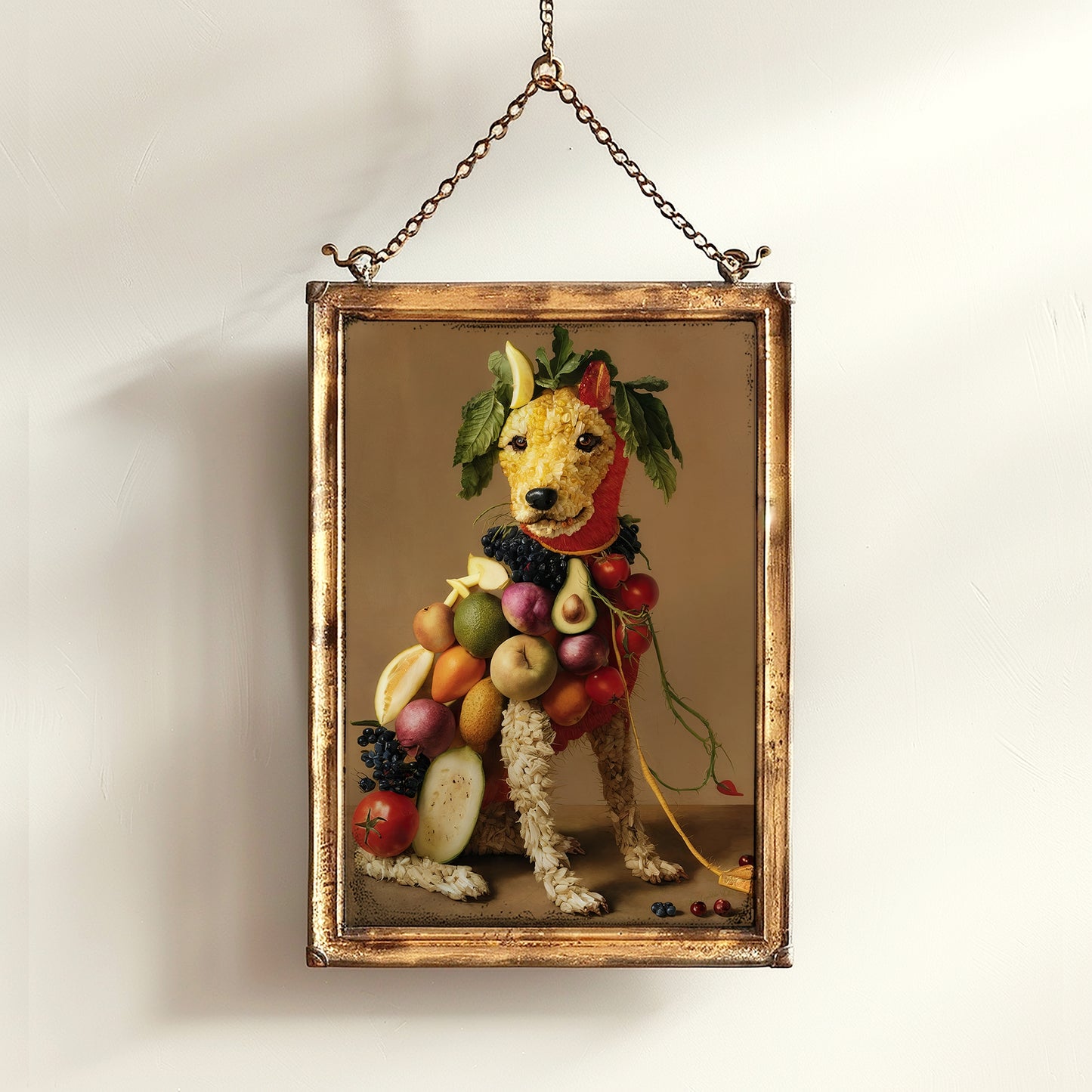Fruity Puppy Poster, Antique Vegetable Dog Art Print, Renaissance Food Portrait, Surreal Animal Painting, Weirdcore Kitchen Poster Decor