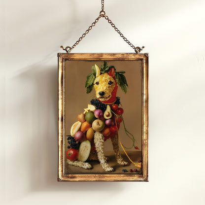 Fruity Puppy Poster, Antique Vegetable Dog Art Print, Renaissance Food Portrait, Surreal Animal Painting, Weirdcore Kitchen Poster Decor