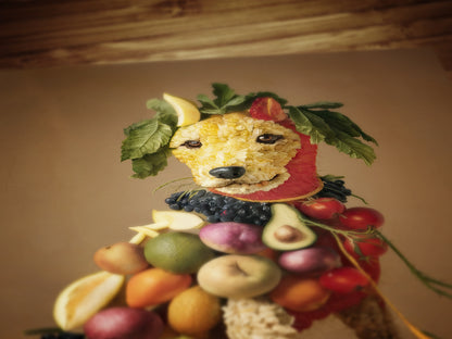 Fruity Puppy Poster, Antique Vegetable Dog Art Print, Renaissance Food Portrait, Surreal Animal Painting, Weirdcore Kitchen Poster Decor