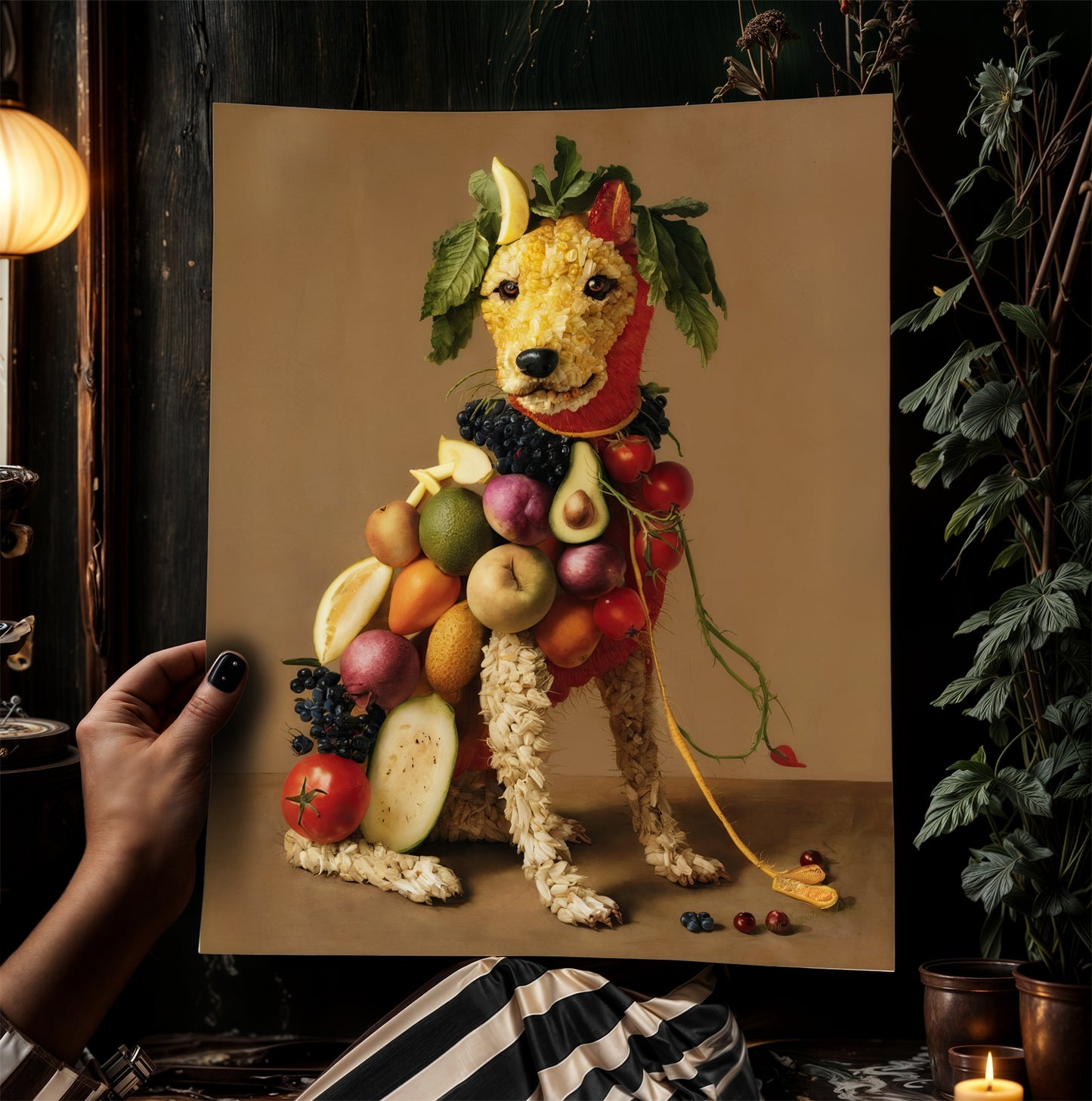 Fruity Puppy Poster, Antique Vegetable Dog Art Print, Renaissance Food Portrait, Surreal Animal Painting, Weirdcore Kitchen Poster Decor