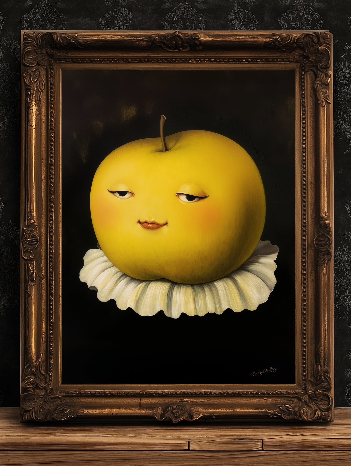 Cute Pensive Apple Poster, Antique Fruit Art Print, Renaissance Food Portrait, Surreal Still Life Painting, Quirky Weird Funny Kitchen Decor