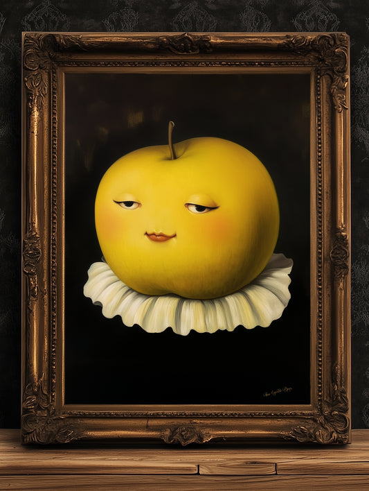 Cute Pensive Apple Poster, Antique Fruit Art Print, Renaissance Food Portrait, Surreal Still Life Painting, Quirky Weird Funny Kitchen Decor