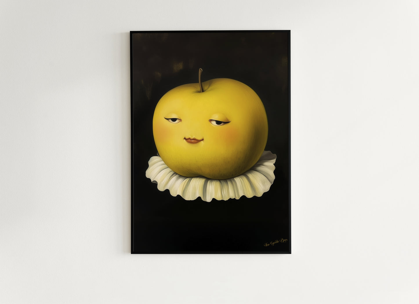 Cute Pensive Apple Poster, Antique Fruit Art Print, Renaissance Food Portrait, Surreal Still Life Painting, Quirky Weird Funny Kitchen Decor