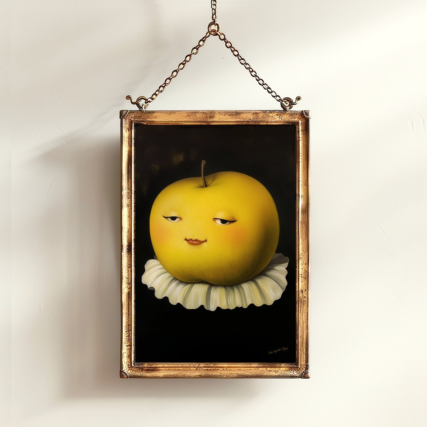 Cute Pensive Apple Poster, Antique Fruit Art Print, Renaissance Food Portrait, Surreal Still Life Painting, Quirky Weird Funny Kitchen Decor