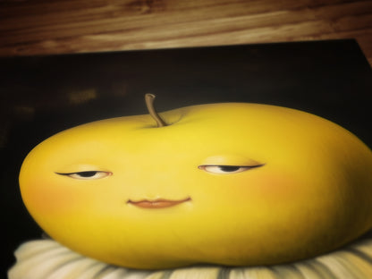 Cute Pensive Apple Poster, Antique Fruit Art Print, Renaissance Food Portrait, Surreal Still Life Painting, Quirky Weird Funny Kitchen Decor