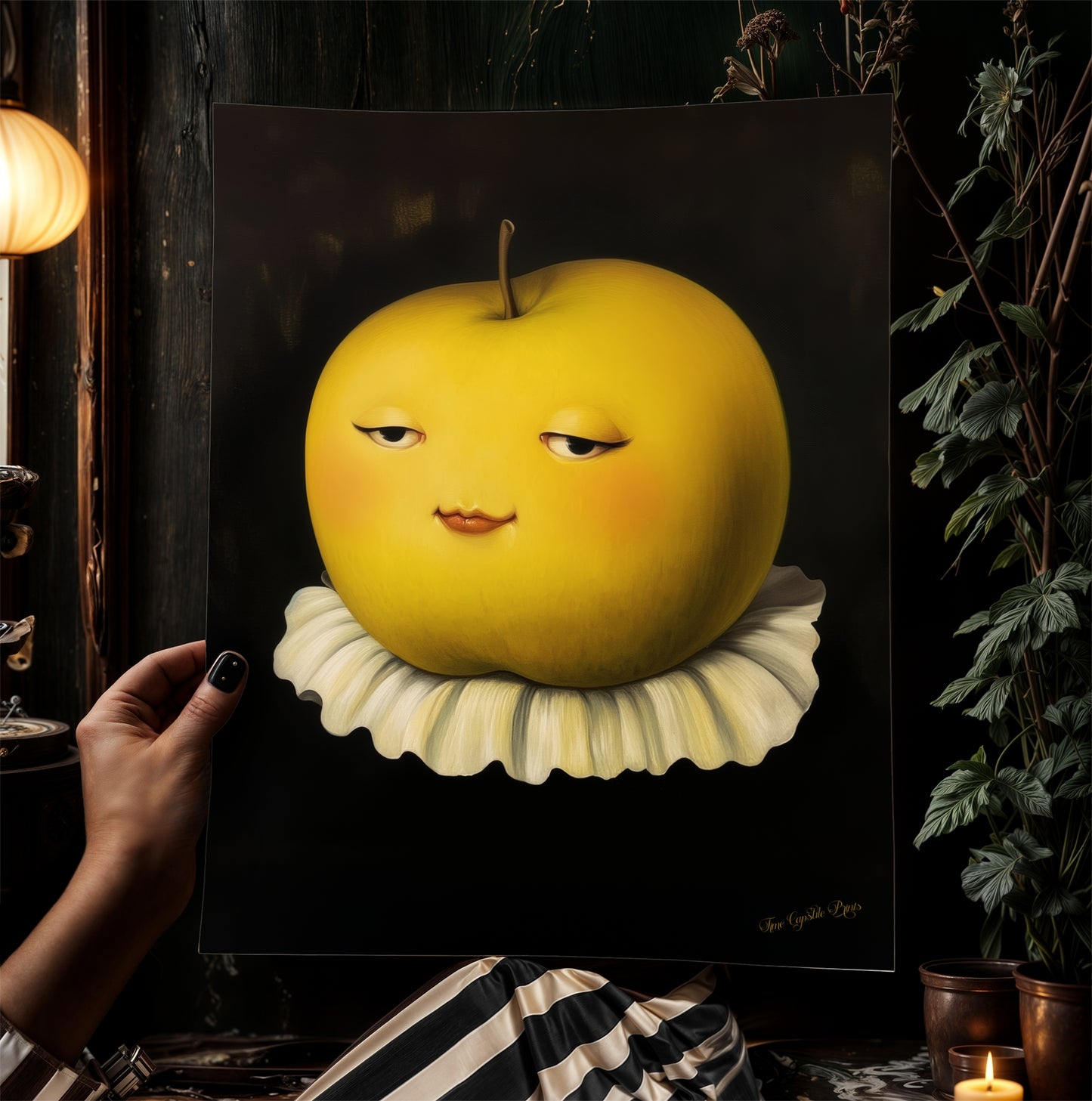 Cute Pensive Apple Poster, Antique Fruit Art Print, Renaissance Food Portrait, Surreal Still Life Painting, Quirky Weird Funny Kitchen Decor