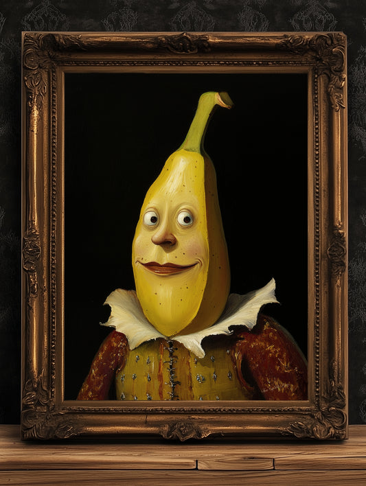 Lovely Banana Poster, Antique Fruit Art Print, Renaissance Food Portrait, Surreal Still Life Painting, Quirky Weird Funny Kitchen Decor