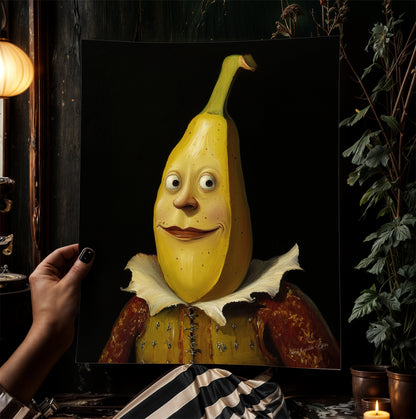 Lovely Banana Poster, Antique Fruit Art Print, Renaissance Food Portrait, Surreal Still Life Painting, Quirky Weird Funny Kitchen Decor