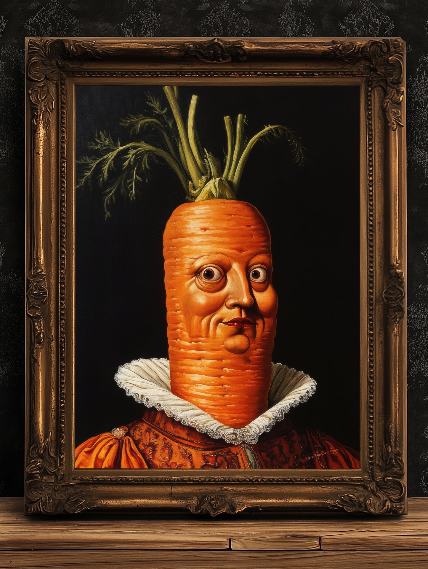Concerned Carrot Poster, Antique Vegetables Art Print, Renaissance Food Portrait, Surreal Still Life Painting, Weirdcore Kitchen Decor