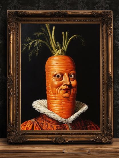 Concerned Carrot Poster, Antique Vegetables Art Print, Renaissance Food Portrait, Surreal Still Life Painting, Weirdcore Kitchen Decor