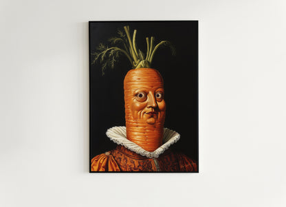 Concerned Carrot Poster, Antique Vegetables Art Print, Renaissance Food Portrait, Surreal Still Life Painting, Weirdcore Kitchen Decor