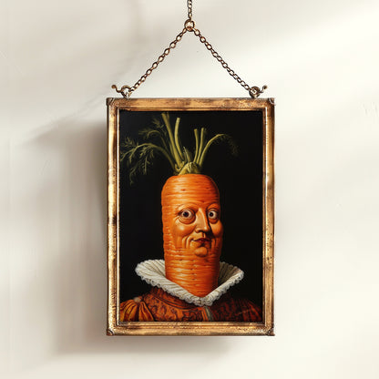 Concerned Carrot Poster, Antique Vegetables Art Print, Renaissance Food Portrait, Surreal Still Life Painting, Weirdcore Kitchen Decor