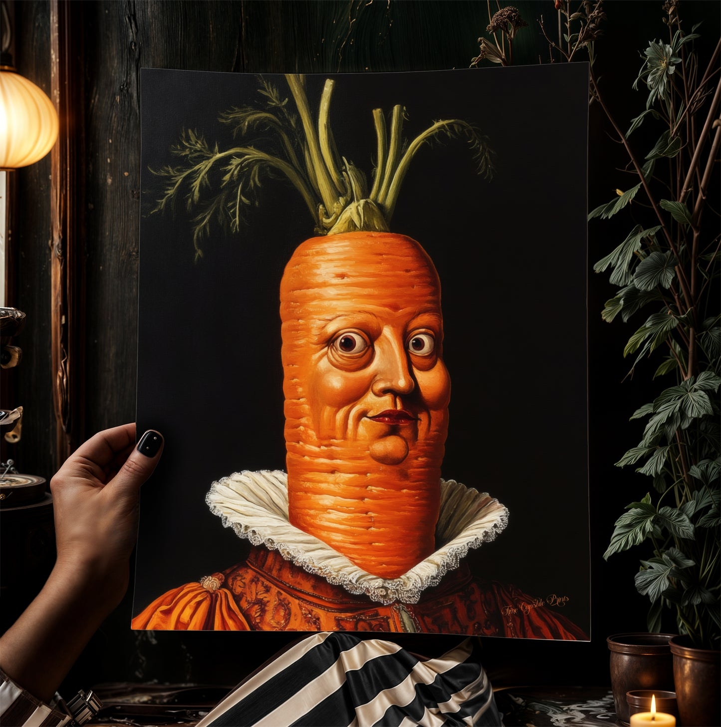 Concerned Carrot Poster, Antique Vegetables Art Print, Renaissance Food Portrait, Surreal Still Life Painting, Weirdcore Kitchen Decor