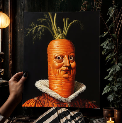 Concerned Carrot Poster, Antique Vegetables Art Print, Renaissance Food Portrait, Surreal Still Life Painting, Weirdcore Kitchen Decor