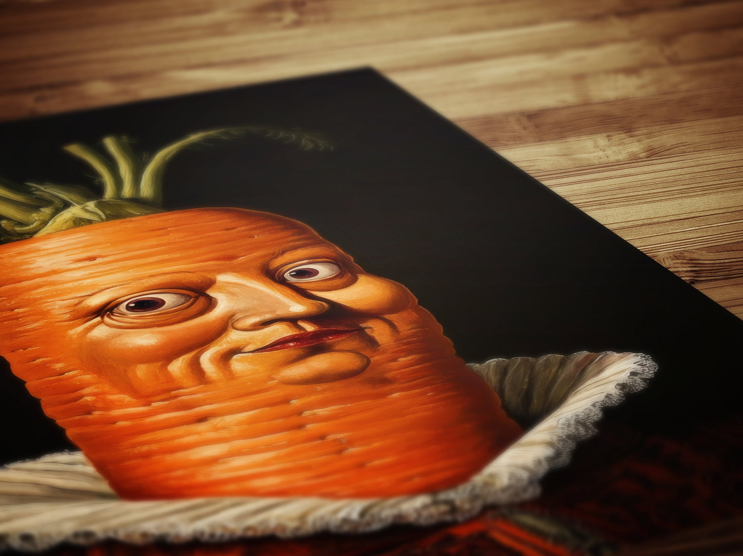 Concerned Carrot Poster, Antique Vegetables Art Print, Renaissance Food Portrait, Surreal Still Life Painting, Weirdcore Kitchen Decor