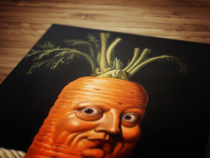 Concerned Carrot Poster, Antique Vegetables Art Print, Renaissance Food Portrait, Surreal Still Life Painting, Weirdcore Kitchen Decor