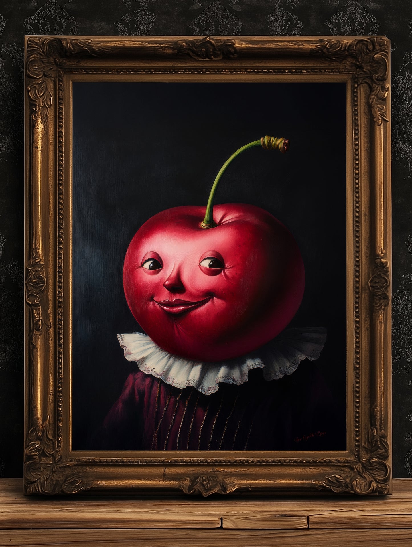 Cute Pensive Cherry Painting, Antique Fruit Art Print, Renaissance Food Portrait, Surreal Still Life Painting, Quirky Weird Kitchen Decor