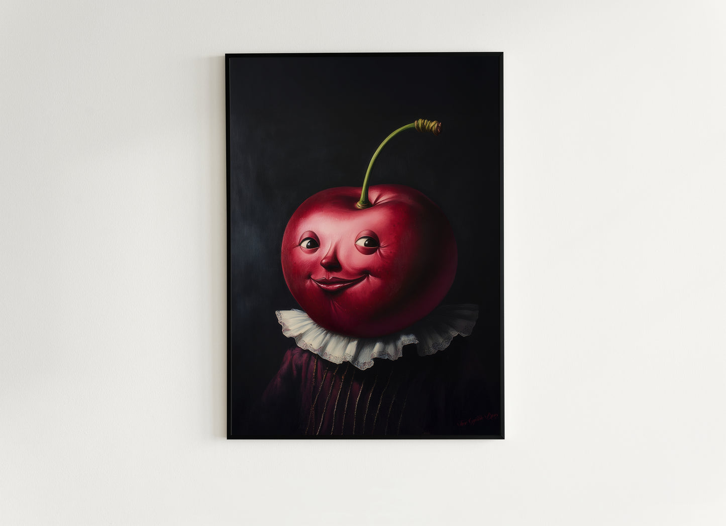 Cute Pensive Cherry Painting, Antique Fruit Art Print, Renaissance Food Portrait, Surreal Still Life Painting, Quirky Weird Kitchen Decor