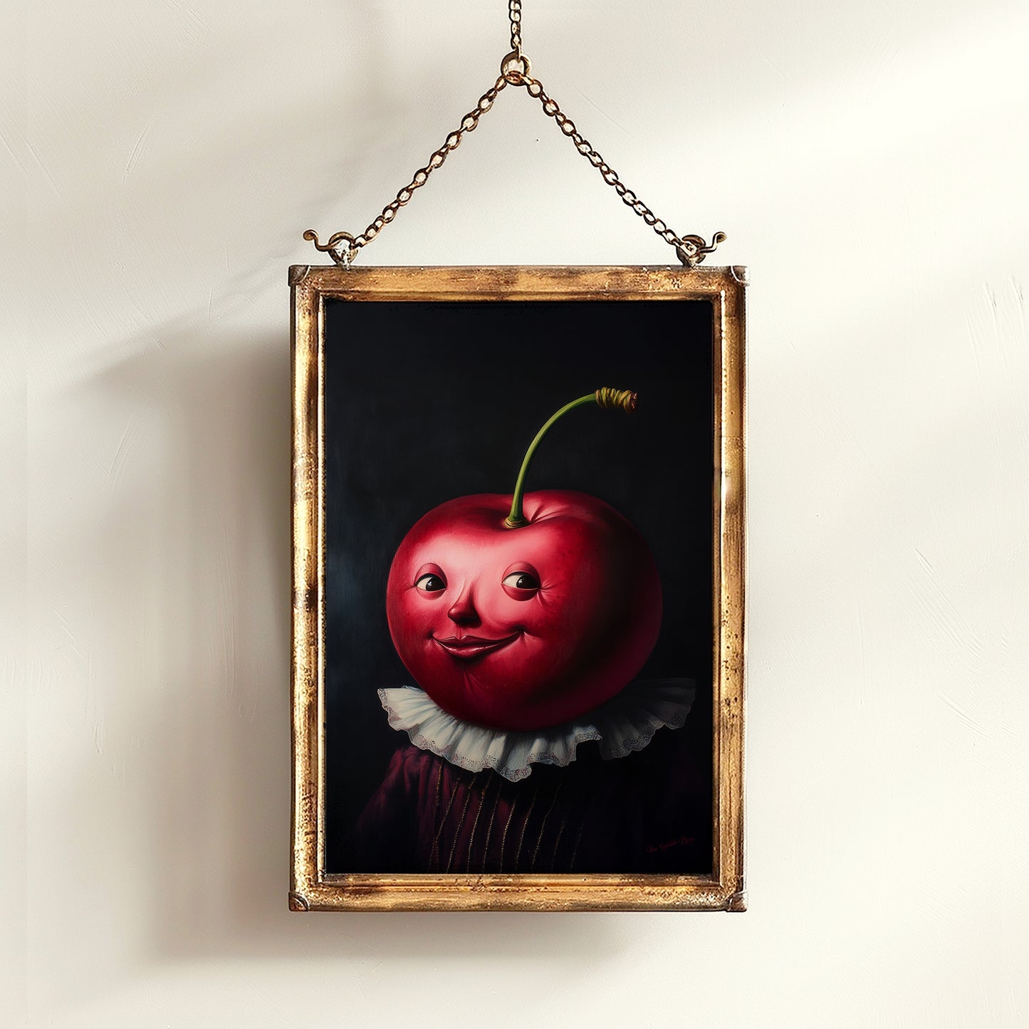 Cute Pensive Cherry Painting, Antique Fruit Art Print, Renaissance Food Portrait, Surreal Still Life Painting, Quirky Weird Kitchen Decor