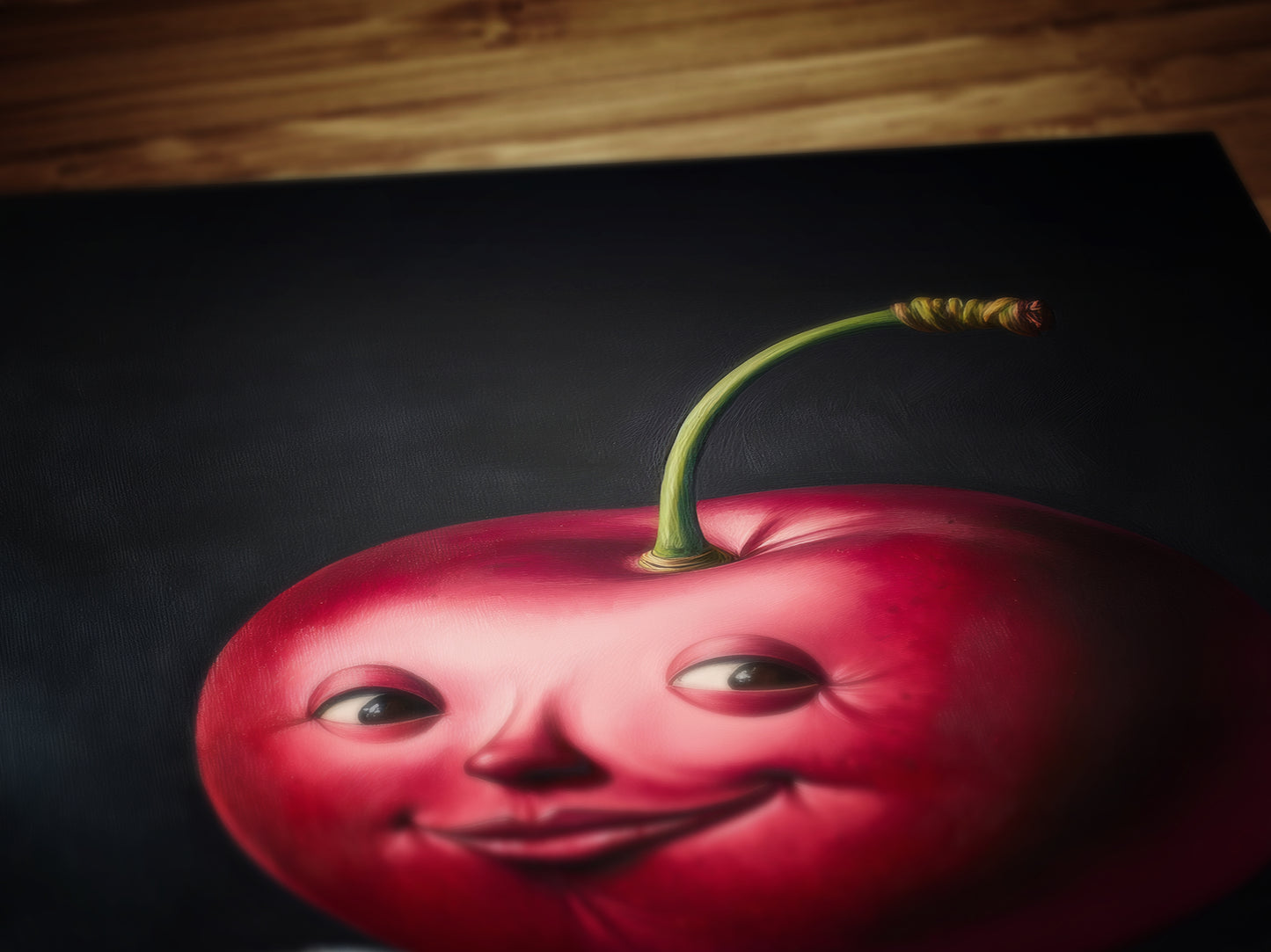 Cute Pensive Cherry Painting, Antique Fruit Art Print, Renaissance Food Portrait, Surreal Still Life Painting, Quirky Weird Kitchen Decor