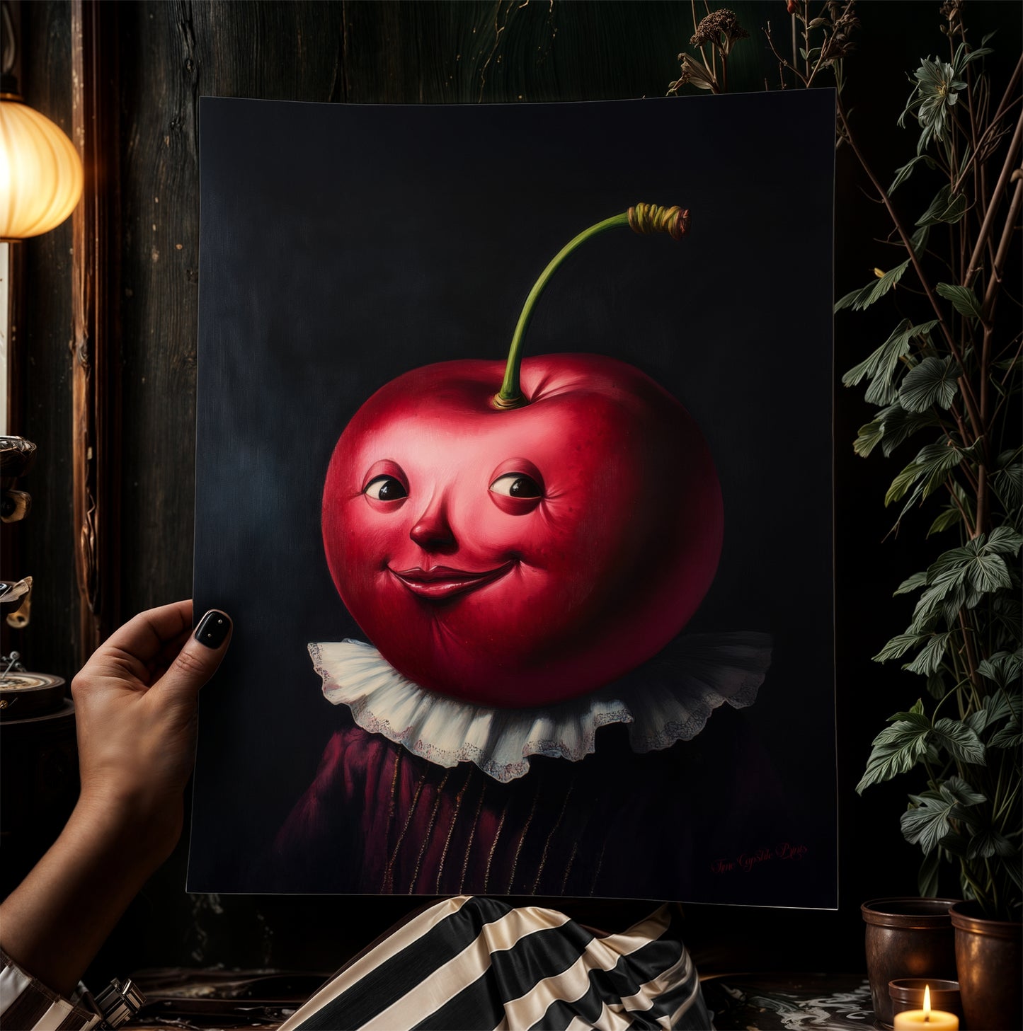 Cute Pensive Cherry Painting, Antique Fruit Art Print, Renaissance Food Portrait, Surreal Still Life Painting, Quirky Weird Kitchen Decor