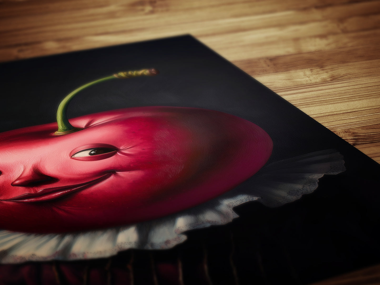 Cute Pensive Cherry Painting, Antique Fruit Art Print, Renaissance Food Portrait, Surreal Still Life Painting, Quirky Weird Kitchen Decor